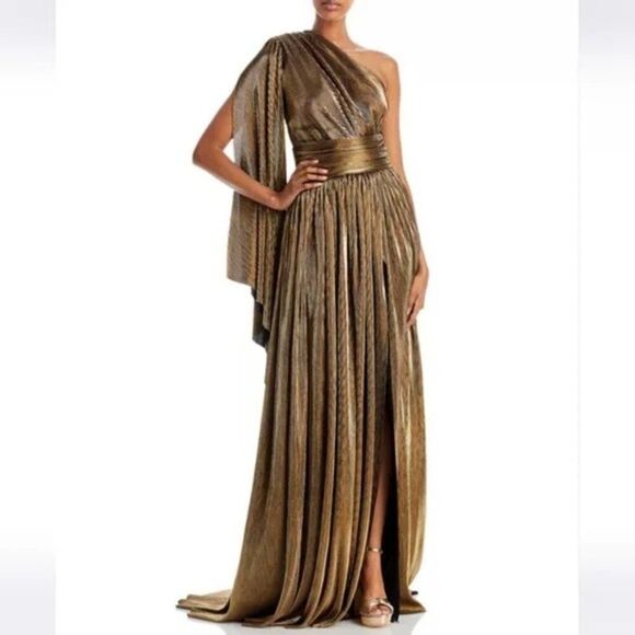 NWT Bronx and Banco Florence One-Shoulder Gown XS Gold Maxi Dress - Picture 3 of 14